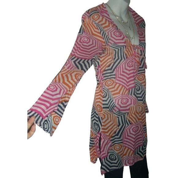 Mud Pie Cover Up Blouse Swim 60's Mod Orange Pink Boho Beach Bell Sleeves Sheer - Picture 3 of 9